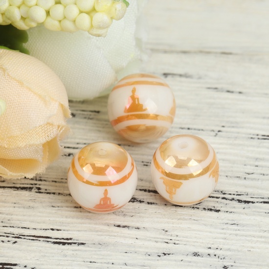 Picture of Glass Religious Beads Buddha Orange Round About 10mm Dia, Hole: Approx 1.4mm, 20 PCs