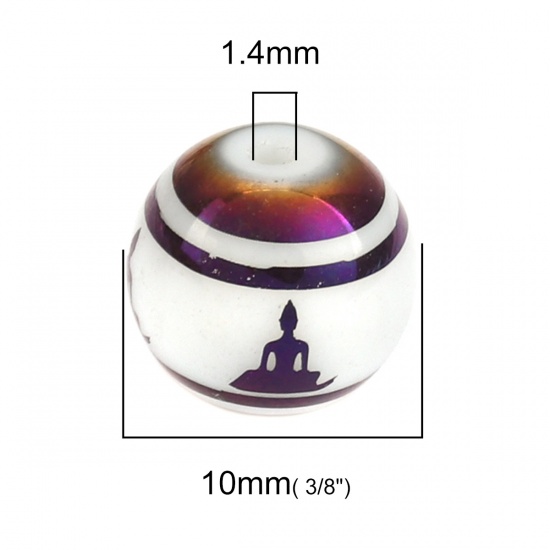 Picture of Glass Religious Beads Buddha Purple Round About 10mm Dia, Hole: Approx 1.4mm, 20 PCs