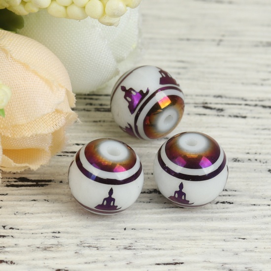 Picture of Glass Religious Beads Buddha Purple Round About 10mm Dia, Hole: Approx 1.4mm, 20 PCs