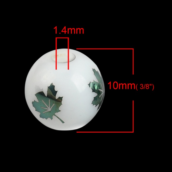 ガラス ビーズ 円形 緑 紅葉 約 10mm 直径、 穴：約 1.4mm、 20 個 の画像