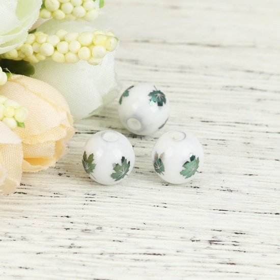 Picture of Glass Beads Round Green Maple Leaf About 10mm Dia, Hole: Approx 1.4mm, 20 PCs