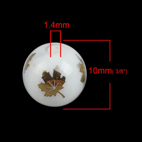 Picture of Glass Beads Round Golden Maple Leaf About 10mm Dia, Hole: Approx 1.4mm, 20 PCs