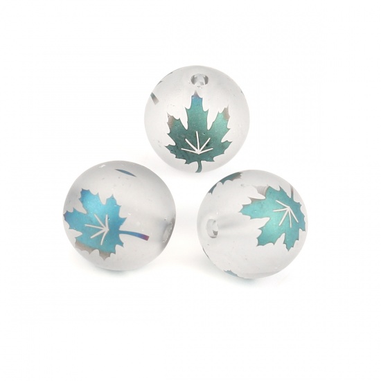 Picture of Glass Beads Round Blue & Green Maple Leaf AB Color About 10mm Dia, Hole: Approx 1.4mm, 20 PCs