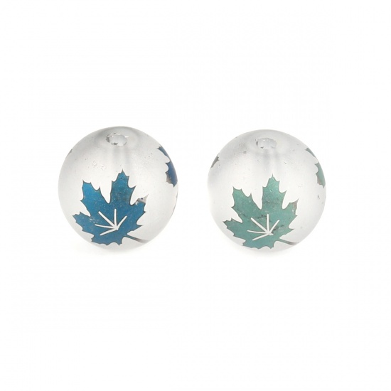 Picture of Glass Beads Round Blue & Green Maple Leaf AB Color About 10mm Dia, Hole: Approx 1.4mm, 20 PCs