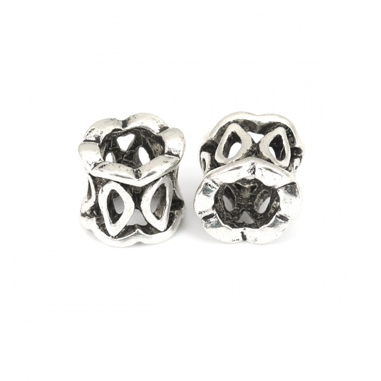 Picture of Zinc Based Alloy European Style Large Hole Charm Beads Cylinder Antique Silver Color Hollow About 11mm x 9mm, Hole: Approx 6.3mm, 10 PCs