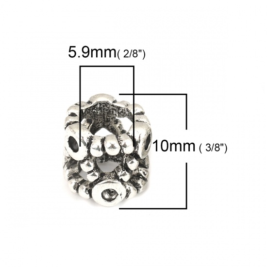 Immagine di Lega di Zinco Stile Europeo Fascino Stile Europeo Perline Cilindrico Argento Antico Filigrana Scolpito Diamanti Intarsiati Circa 10mm x 9mm, Foro: Circa 5.9mm, (può tenere ss5 Strass Appuntito Indietro) 10 Pz