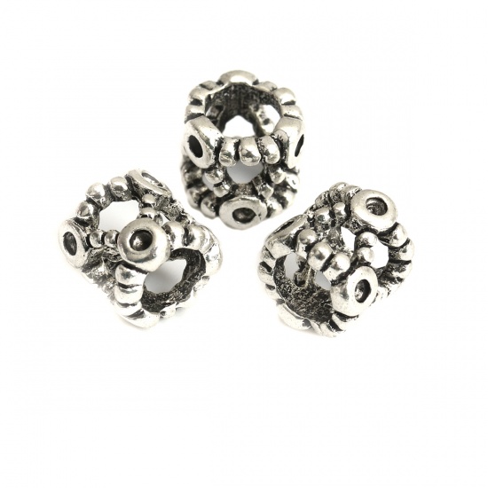 Immagine di Lega di Zinco Stile Europeo Fascino Stile Europeo Perline Cilindrico Argento Antico Filigrana Scolpito Diamanti Intarsiati Circa 10mm x 9mm, Foro: Circa 5.9mm, (può tenere ss5 Strass Appuntito Indietro) 10 Pz