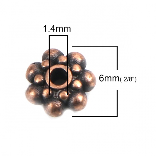 Picture of Brass Beads Christmas Snowflake Antique Copper Dot About 6mm Dia, Hole: Approx 1.4mm, 10 PCs