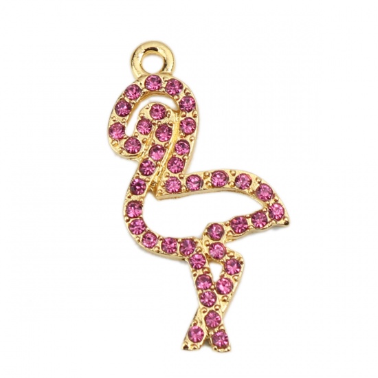 Image de Breloques en Alliage de Zinc Flamants Doré à Strass Fuchsia 29mm x 14mm, 2 Pcs