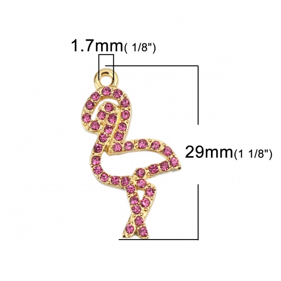 亜鉛合金 チャーム フラミンゴ 金メッキ フクシアラインストーン 29mm x 14mm、 2 個 の画像