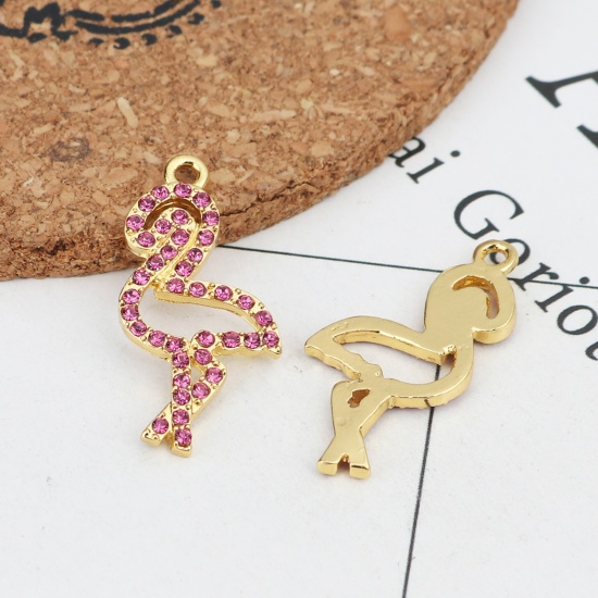 Image de Breloques en Alliage de Zinc Flamants Doré à Strass Fuchsia 29mm x 14mm, 2 Pcs