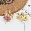 Picture of Zinc Based Alloy Charms Fairy Gold Plated White Acrylic Imitation Pearl Pink & Fuchsia Rhinestone 29mm x 18mm, 2 PCs