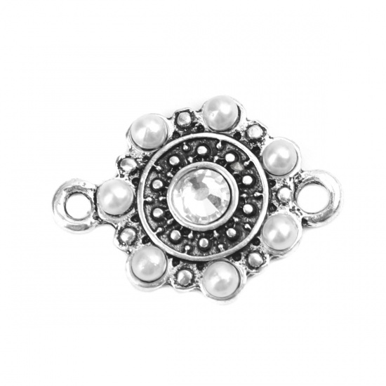 Picture of Zinc Based Alloy Connectors Round Antique Silver Color White Clear Rhinestone 25mm x 18mm, 4 PCs