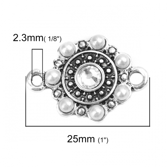 Picture of Zinc Based Alloy Connectors Round Antique Silver Color White Clear Rhinestone 25mm x 18mm, 4 PCs
