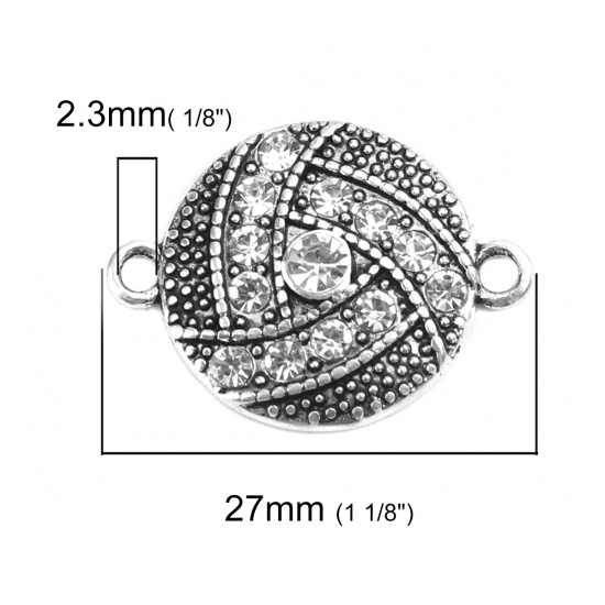 Picture of Zinc Based Alloy Connectors Round Antique Silver Color Clear Rhinestone 27mm x 20mm, 4 PCs