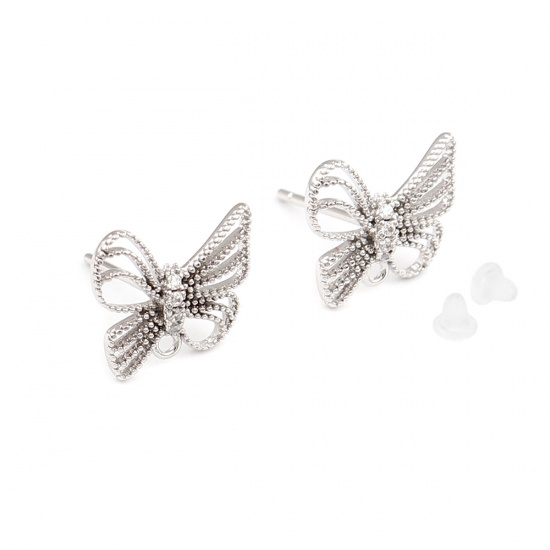 Picture of Brass Ear Post Stud Earrings Real Platinum Plated Butterfly Animal Clear Rhinestone 11mm x 10mm, Post/ Wire Size: (21 gauge), 2 PCs                                                                                                                           