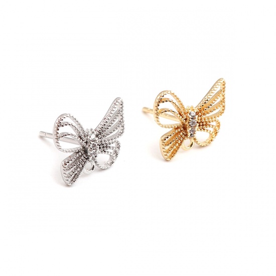 Picture of Brass Ear Post Stud Earrings Real Platinum Plated Butterfly Animal Clear Rhinestone 11mm x 10mm, Post/ Wire Size: (21 gauge), 2 PCs                                                                                                                           