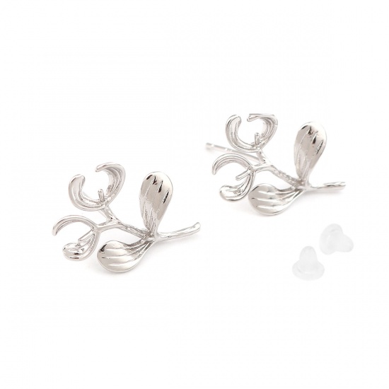 Picture of Brass Ear Post Stud Earrings Real Platinum Plated Branch 19mm x 14mm, Post/ Wire Size: (21 gauge), 2 PCs