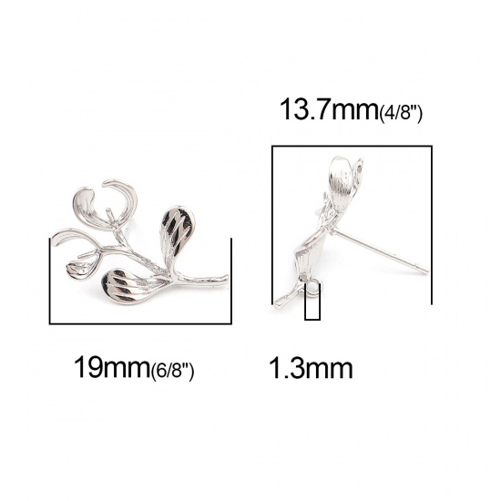 Picture of Brass Ear Post Stud Earrings Real Platinum Plated Branch 19mm x 14mm, Post/ Wire Size: (21 gauge), 2 PCs