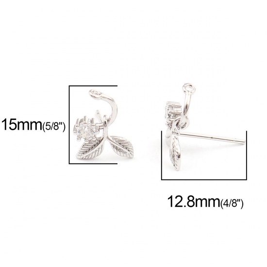 真鍮 イヤリング リアルプラチナメッキ 枝 透明ラインストーン 15mmx 8mm、 ワイヤーサイズ: （21号）、 2 個 の画像