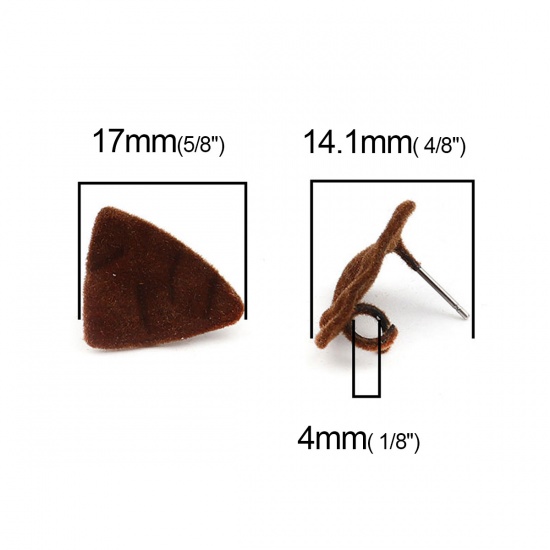 Picture of Velvet Ear Post Stud Earrings Findings Triangle Coffee W/ Loop 17mm x 15mm, Post/ Wire Size: (20 gauge), 4 PCs