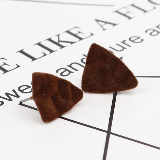 Picture of Velvet Ear Post Stud Earrings Findings Triangle Coffee W/ Loop 17mm x 15mm, Post/ Wire Size: (20 gauge), 4 PCs