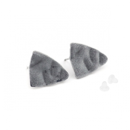 Picture of Velvet Ear Post Stud Earrings Findings Triangle Gray W/ Loop 17mm x 15mm, Post/ Wire Size: (20 gauge), 4 PCs