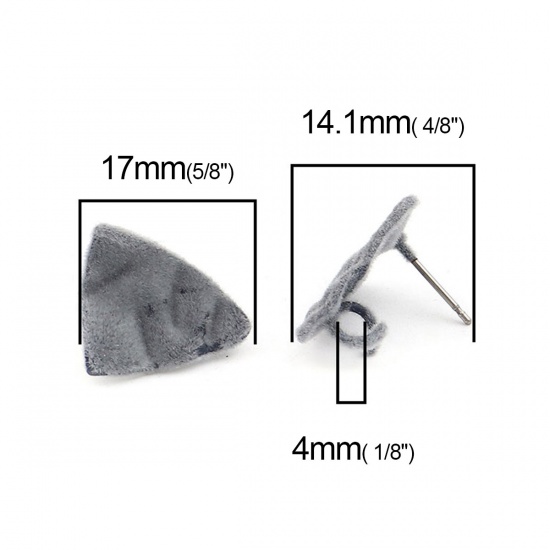 Picture of Velvet Ear Post Stud Earrings Findings Triangle Gray W/ Loop 17mm x 15mm, Post/ Wire Size: (20 gauge), 4 PCs