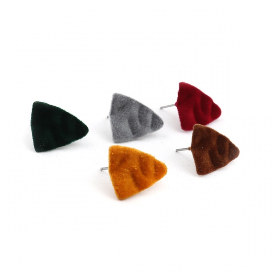 Picture of Velvet Ear Post Stud Earrings Findings Triangle Gray W/ Loop 17mm x 15mm, Post/ Wire Size: (20 gauge), 4 PCs