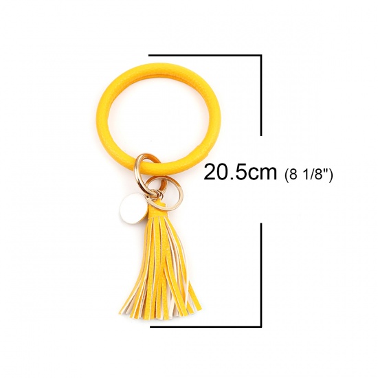 Bild von Zinlegierung & PU Armbänder & Schlüsselkette Vergoldet Gelb Rund Emaille 20.5cm x 9.7cm, 1 Stück
