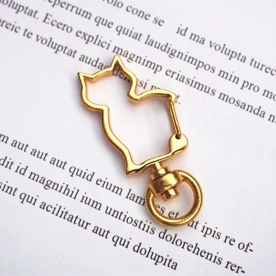 Picture of Zinc Based Alloy Keychain & Keyring Gold Plated Cat Animal 4.1cm x 2cm, 10 PCs