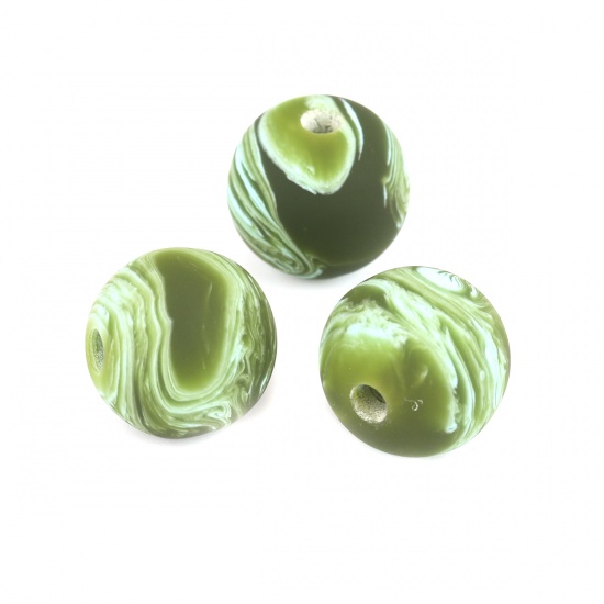 Picture of Resin Spacer Beads Round Green Ink Spot Pattern About 15mm Dia, Hole: Approx 2.3mm, 10 PCs