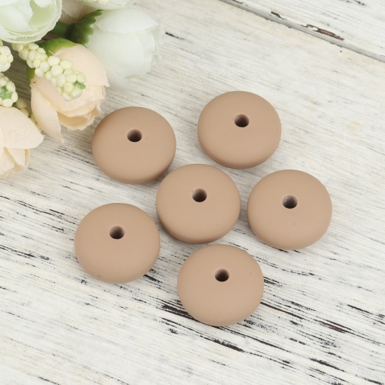 Picture of Resin Spacer Beads Flat Round Light Coffee Rubberized About 21mm Dia, Hole: Approx 3.5mm, 20 PCs