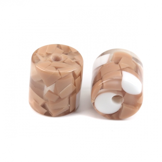 Picture of Resin Spacer Beads Cylinder White & Coffee About 16mm x 16mm, Hole: Approx 3.4mm, 10 PCs