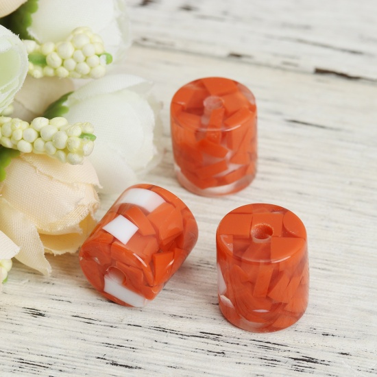 Picture of Resin Spacer Beads Cylinder White & Orange About 16mm x 16mm, Hole: Approx 3.4mm, 10 PCs