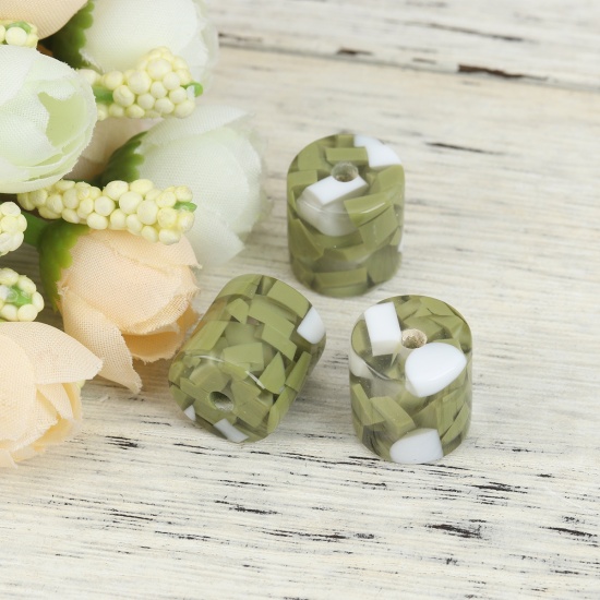 Picture of Resin Spacer Beads Cylinder White & Green About 16mm x 16mm, Hole: Approx 3.4mm, 10 PCs