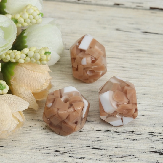 Picture of Resin Spacer Beads Polygon White & Coffee About 16mm x 16mm, Hole: Approx 3.4mm, 5 PCs