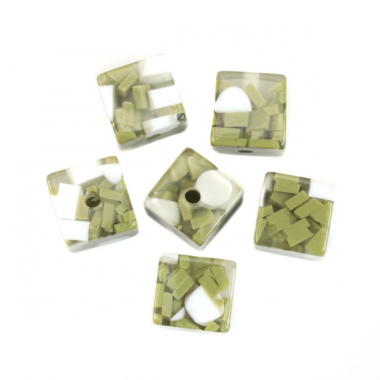 Immagine di Resina Separatori Perline Quadrato Bianco & Verde Circa 17mm x 17mm, Foro: Circa 3.3mm, 10 Pz