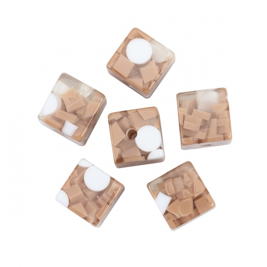 Immagine di Resina Separatori Perline Quadrato Bianco & Caffè Circa 17mm x 17mm, Foro: Circa 3.3mm, 10 Pz