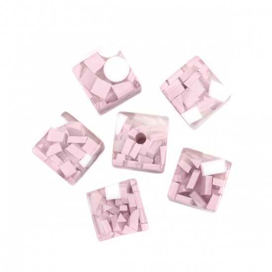 Изображение Смола Бусины Квадратные, Белый & Светло-розовый 17мм x 17мм, Отверстие:примерно 3.3мм, 10 ШТ