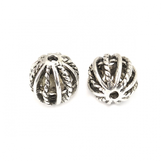 Picture of Zinc Based Alloy Spacer Beads Drilled Round Antique Silver Color Filigree About 11mm Dia., Hole: Approx 1.8mm, 10 PCs