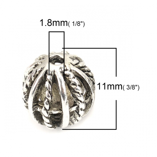 Picture of Zinc Based Alloy Spacer Beads Drilled Round Antique Silver Color Filigree About 11mm Dia., Hole: Approx 1.8mm, 10 PCs