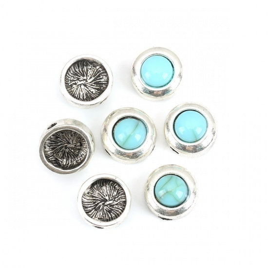 Picture of Zinc Based Alloy & Turquoise Spacer Beads Drilled Round Antique Silver Color Green Blue About 10mm Dia., Hole: Approx 1.7mm, 10 PCs