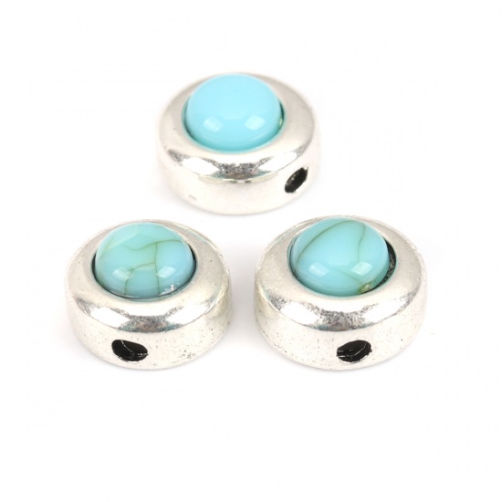 Picture of Zinc Based Alloy & Turquoise Spacer Beads Drilled Round Antique Silver Color Green Blue About 10mm Dia., Hole: Approx 1.7mm, 10 PCs