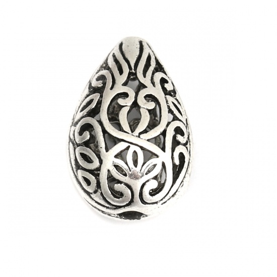Picture of Zinc Based Alloy Spacer Beads Drilled Drop Antique Silver Color Filigree About 17mm x 11mm, Hole: Approx 1.9mm, 10 PCs