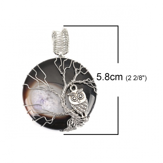 Picture of (Grade A) Agate ( Natural ) Pendants Round Silver Tone Dark Coffee Tree Wrapped 5.8cm x 4cm, 1 Piece
