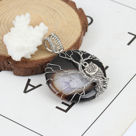 Picture of (Grade A) Agate ( Natural ) Pendants Round Silver Tone Dark Coffee Tree Wrapped 5.8cm x 4cm, 1 Piece