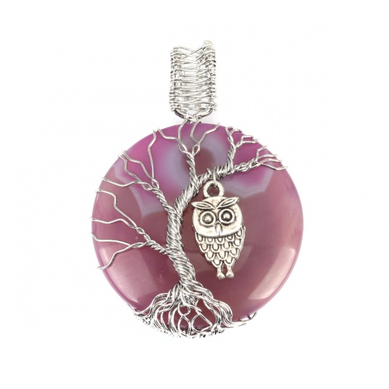 Picture of (Grade A) Agate ( Natural ) Pendants Round Silver Tone Purple Tree Wrapped 5.8cm x 4cm, 1 Piece