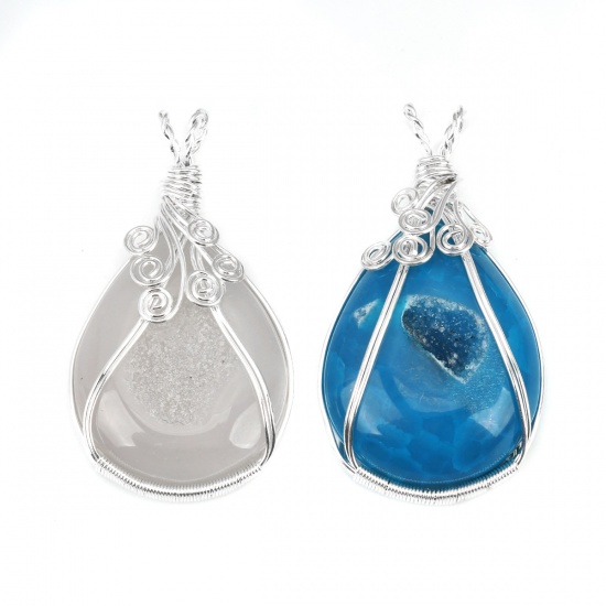 Picture of (Grade A) Agate ( Natural ) Pendants Drop Silver Plated Blue Wrapped 6.2cm x 3.5cm, 1 Piece