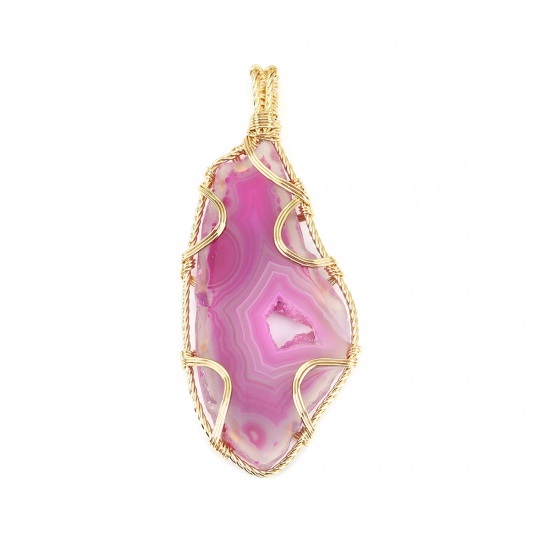 Picture of (Grade A) Agate ( Natural ) Pendants Irregular Gold Plated Purple Wrapped 7.8cm x 3.4cm, 1 Piece